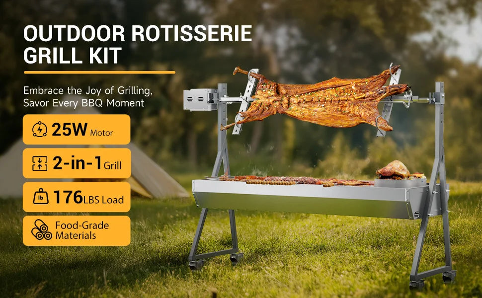 2 in 1 Camping Rotisserie Grill with 25W Motor and 176LBS Capacity