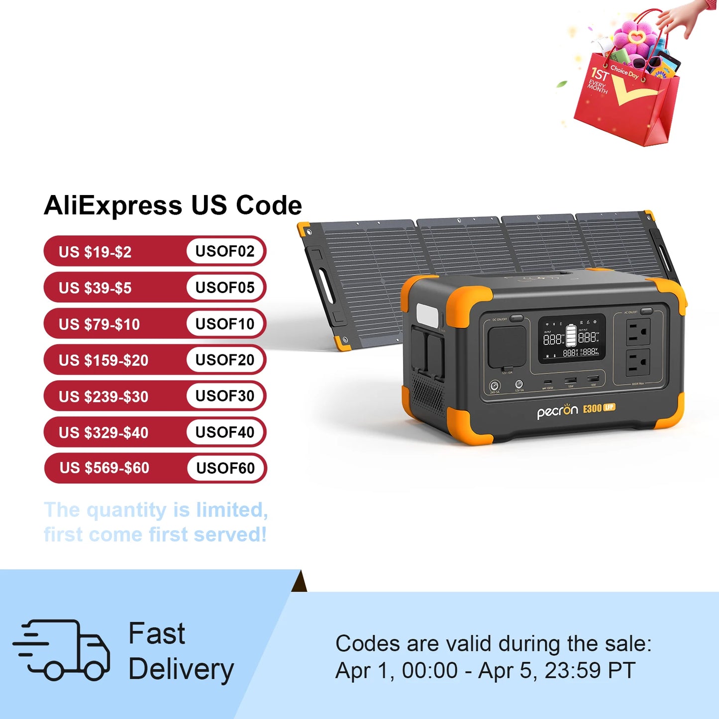 Pecron E300LFP 600W Portable Power Station with 100W Solar Panel for Camping