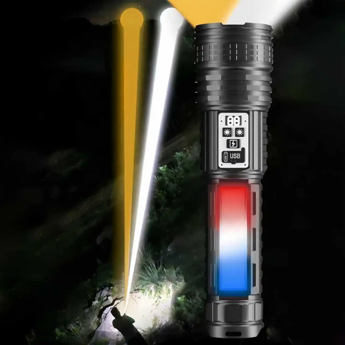 Long Range LED Flashlight with Side Light and LCD Display