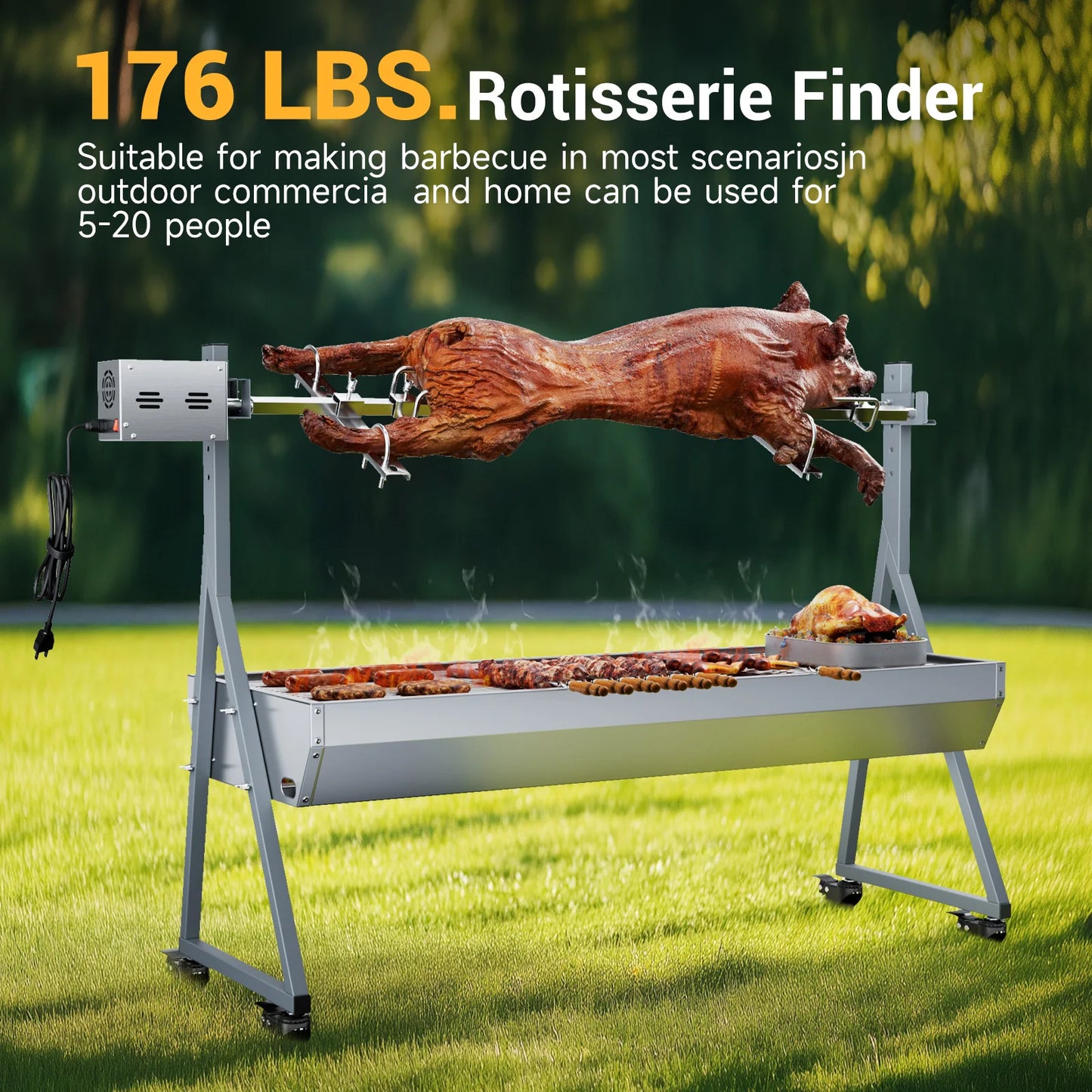 2 in 1 Camping Rotisserie Grill with 25W Motor and 176LBS Capacity