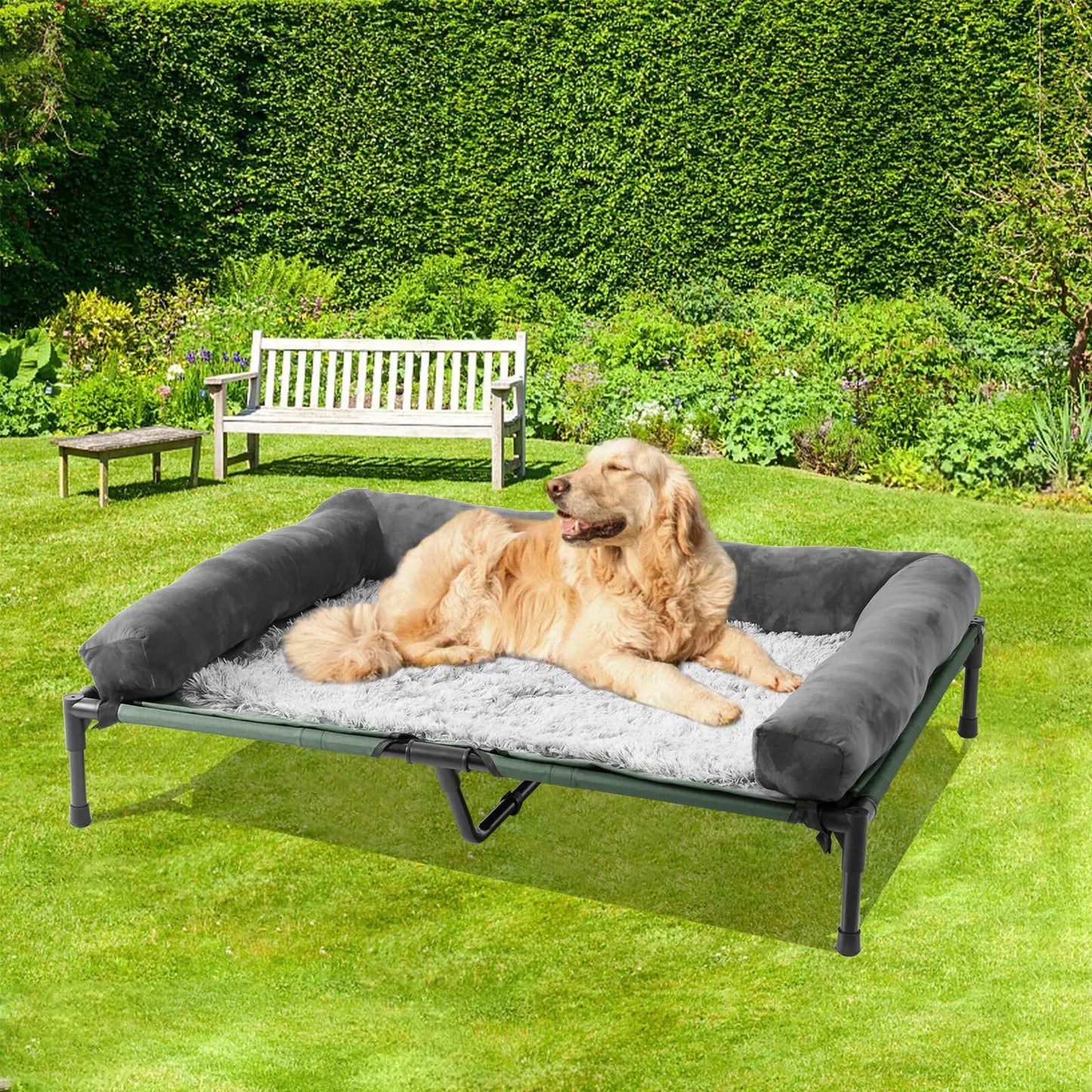 Extra Large Cooling Elevated Dog Bed with Bolster Raised Pet Cot Lounger Indoor/Outdoor Waterproof