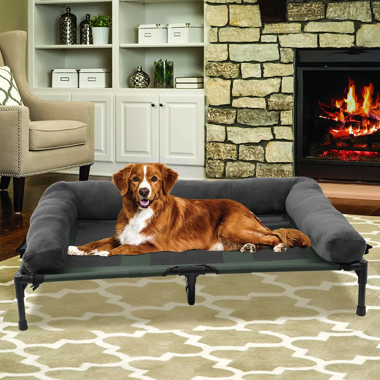 Extra Large Cooling Elevated Dog Bed with Bolster Raised Pet Cot Lounger Indoor/Outdoor Waterproof