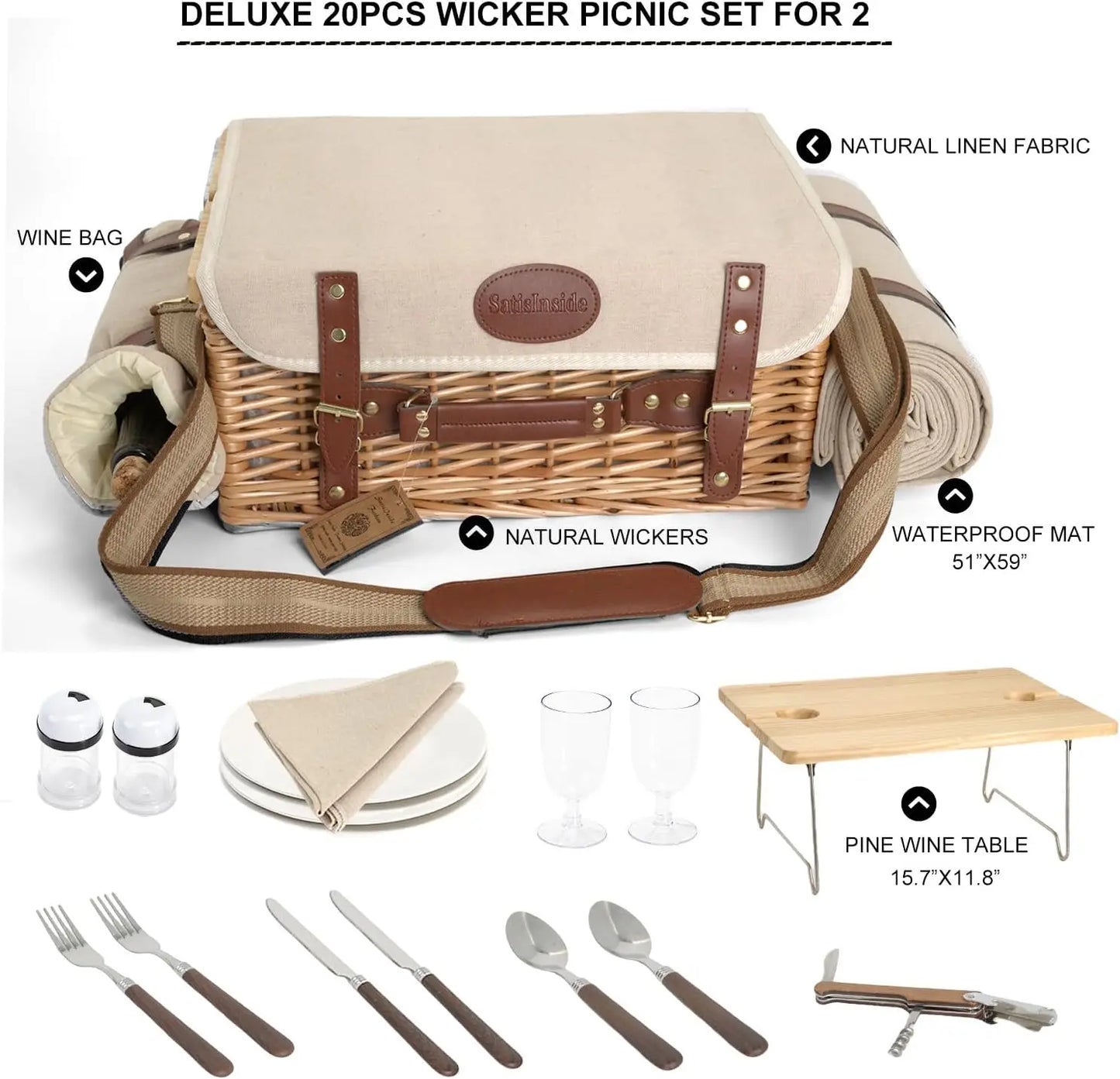 Multifunctional Wicker Picnic Basket Set for 2 with Blanket and Table
