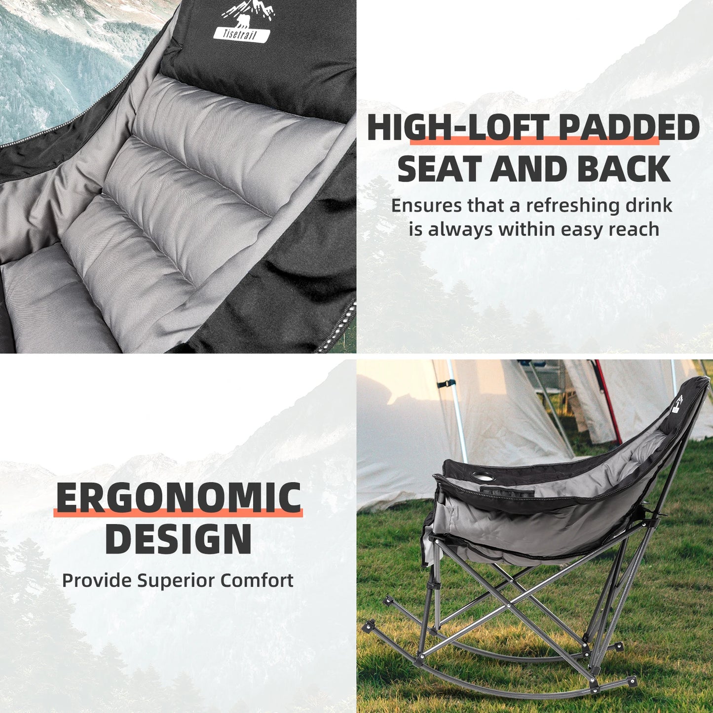 Tisetrail Oversized Padded Rocking Camping Chair with Side Pocket and Cup Holder, Heavy-Duty 400lbs