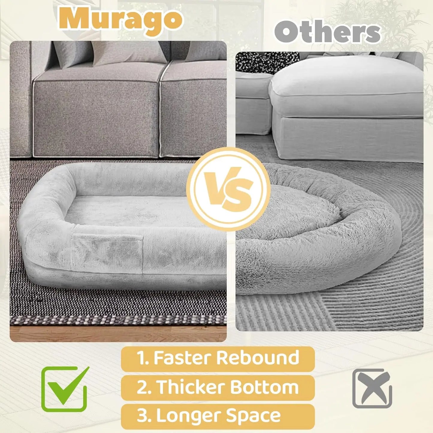 Human Size Dog Bed for Adults 71" Orthopedic with Washable Waterproof Cover in Grey or Black