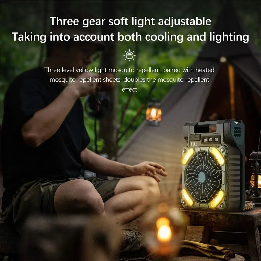 Solar Rechargeable Camping Fan with Light 9 Inch
