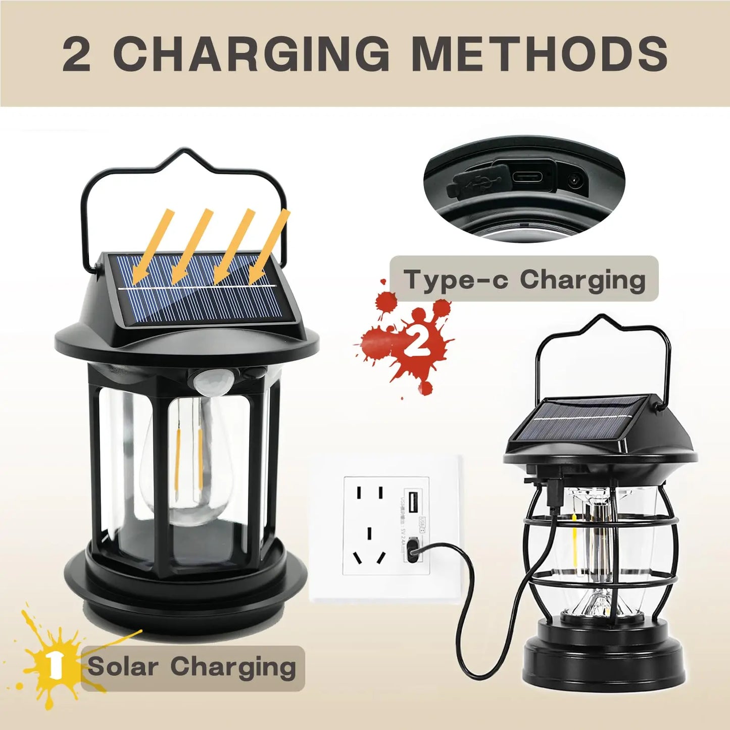 Solar Motion Sensor Hanging Lanterns Waterproof Rechargeable Outdoor Camping Light