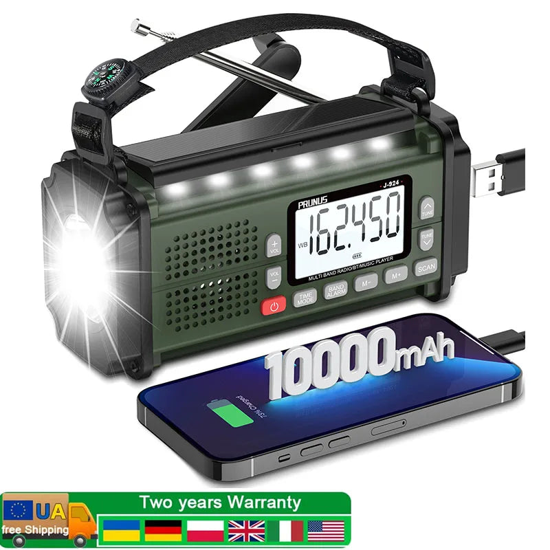 PRUNUS 924 10000mAh Hand Crank Radio, AAA Batteries Powered Emergency Radio Solar, NOAA Weather Radio AM/FM/SW Power