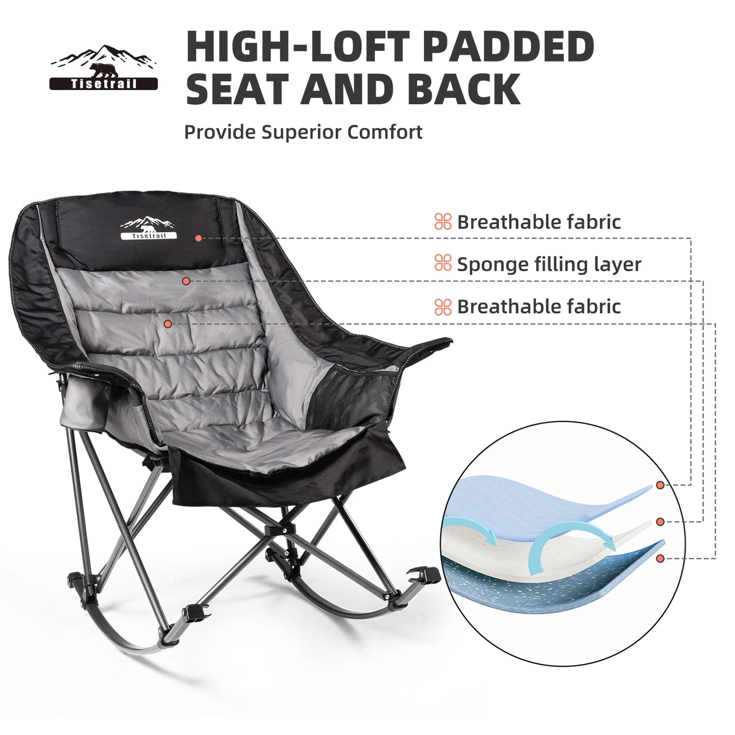 Tisetrail Oversized Padded Rocking Camping Chair with Side Pocket and Cup Holder, Heavy-Duty 400lbs
