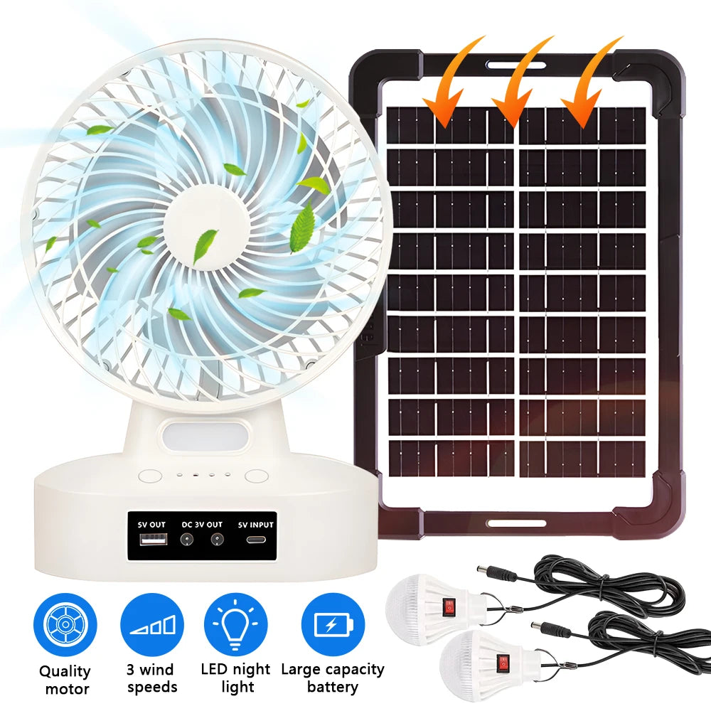 Rechargeable Camping Fan with Solar Panel LED Light and USB Port