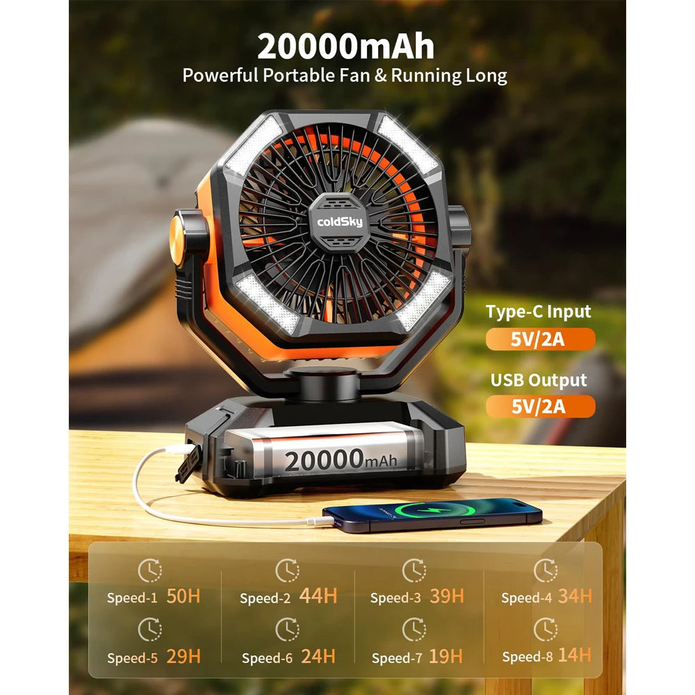 Portable 20000mAh Camping Fan with LED Lantern, 8 Speeds for Tents & Power Outages
