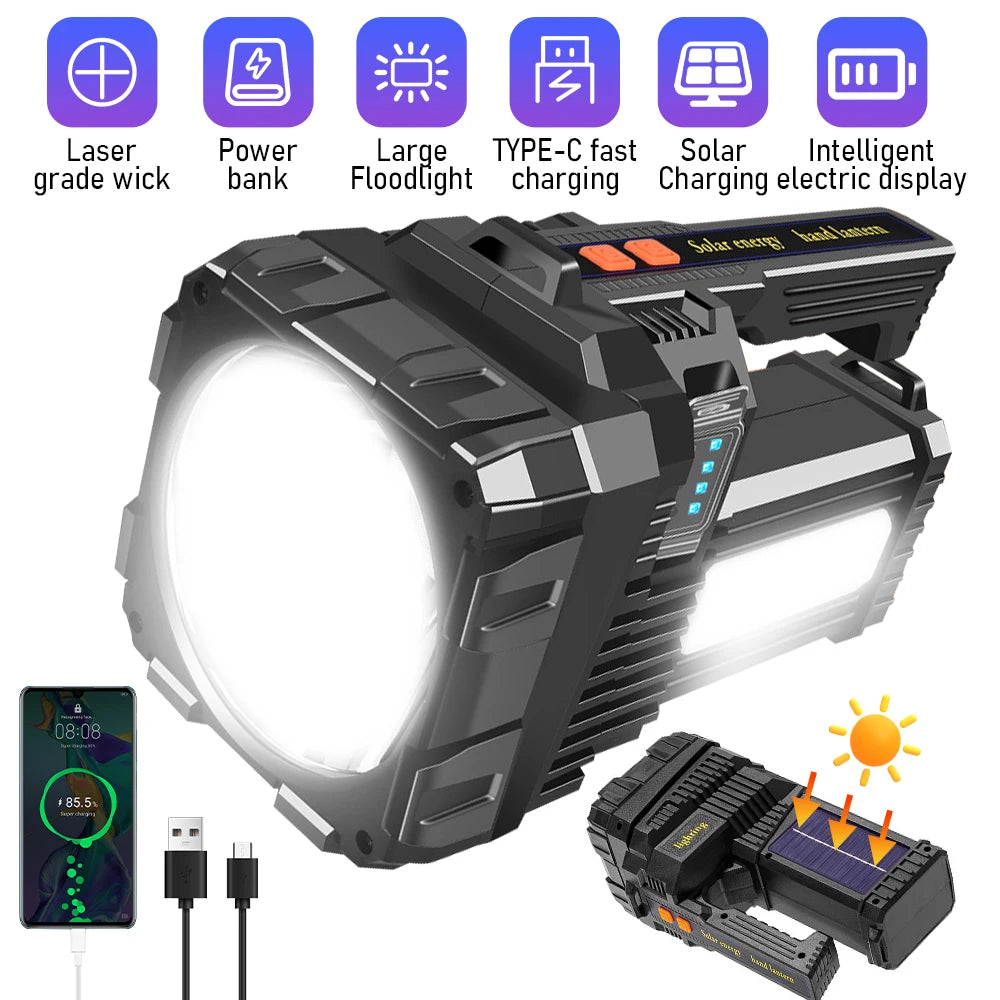 Solar Rechargeable High Power LED Flashlight Waterproof Outdoor Camping Lamp