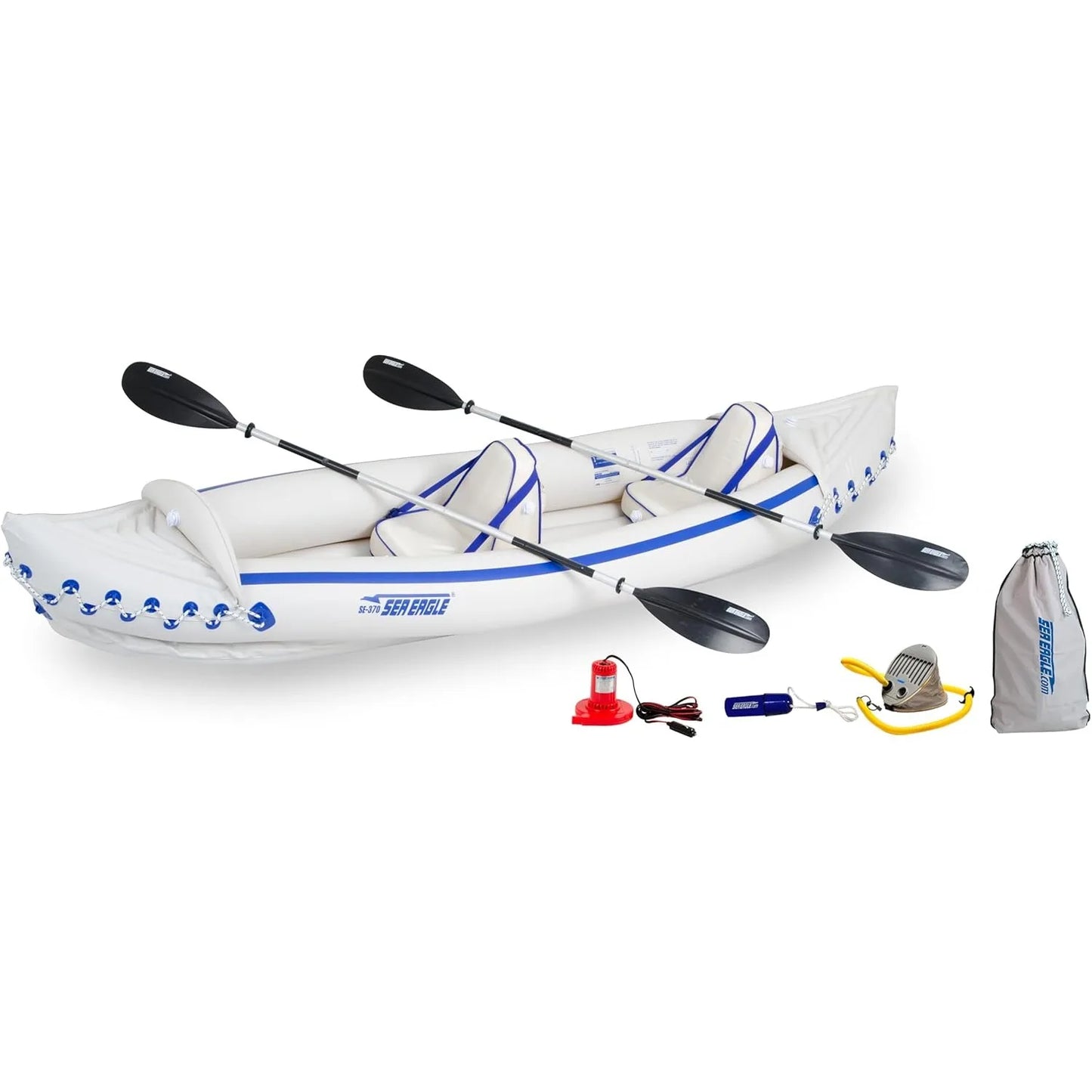 Sea Eagle SE370 Inflatable Kayak 3 Person Lightweight with Seats Paddles Pump and Bag
