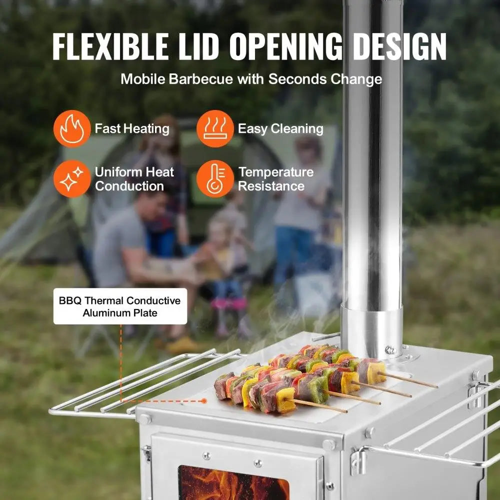 Stainless Steel Portable Wood Stove with Chimney for Outdoor Cooking and Heating