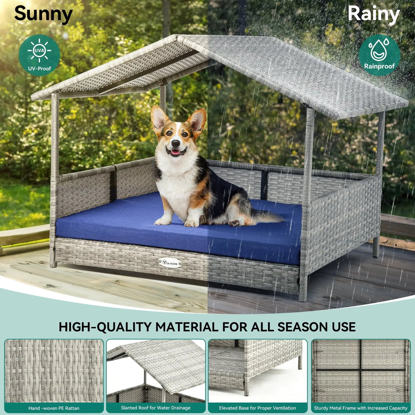 Outdoor Rattan Doghouse with Canopy and Cushion 32.9in