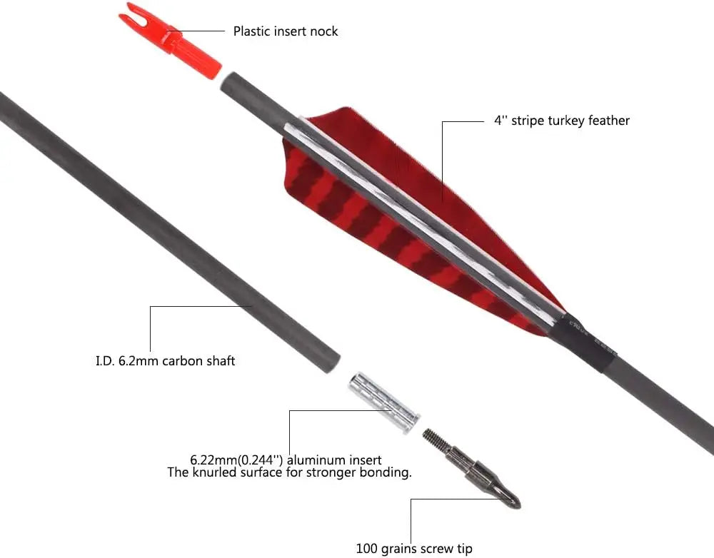 30" Pure Carbon Arrows 6/12 Pieces for Compound Bows w/100 Grain Screw Tips & 4 Inch Turkey Feathers Spine