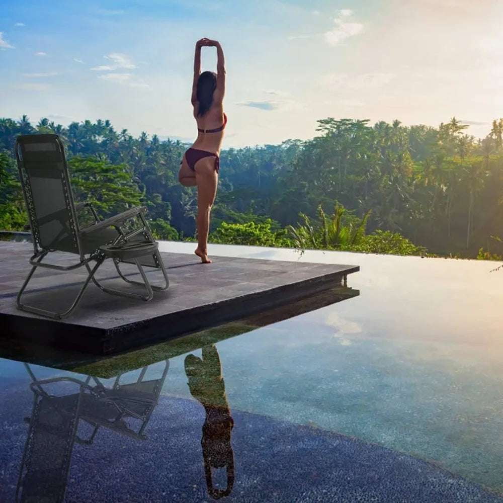 Reclining Outdoor Lounge Chairs Set with Pillow and Cup Holder
