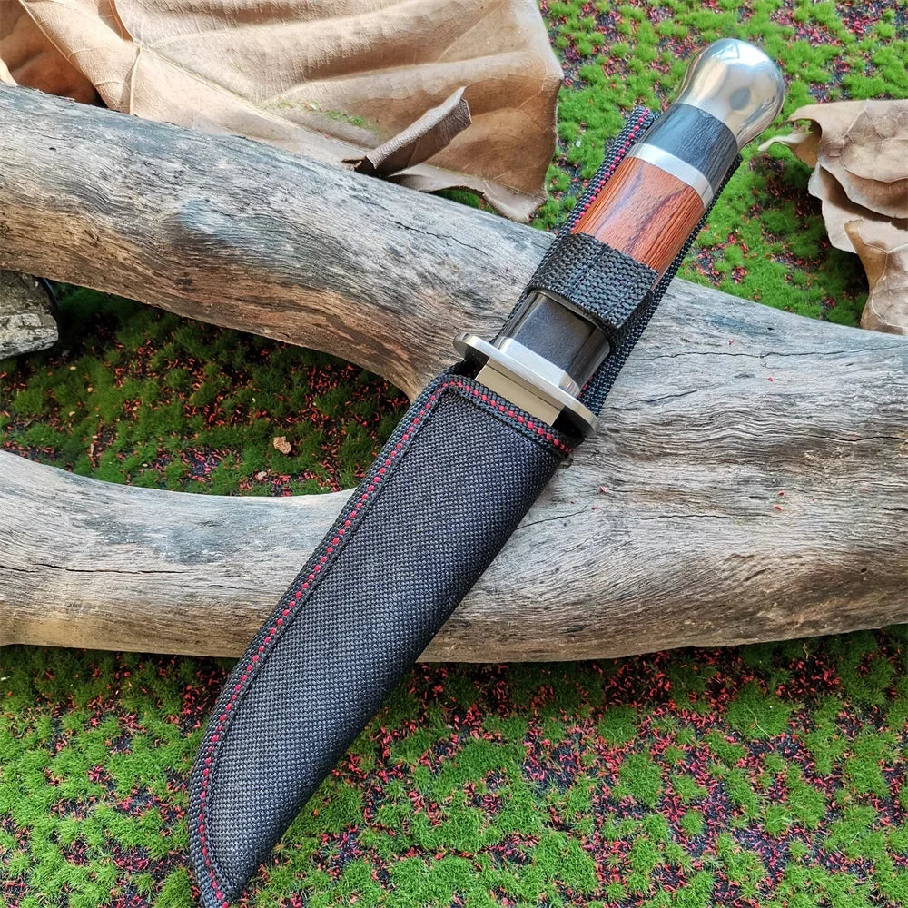Military Fixed Blade Knife with Wood Handle and Sheath