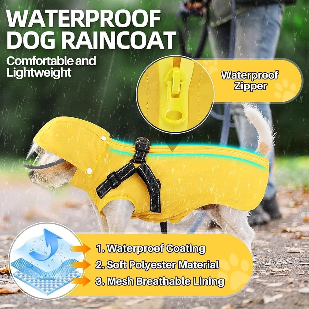 Waterproof Dog Raincoat with Harness and Removable Hood