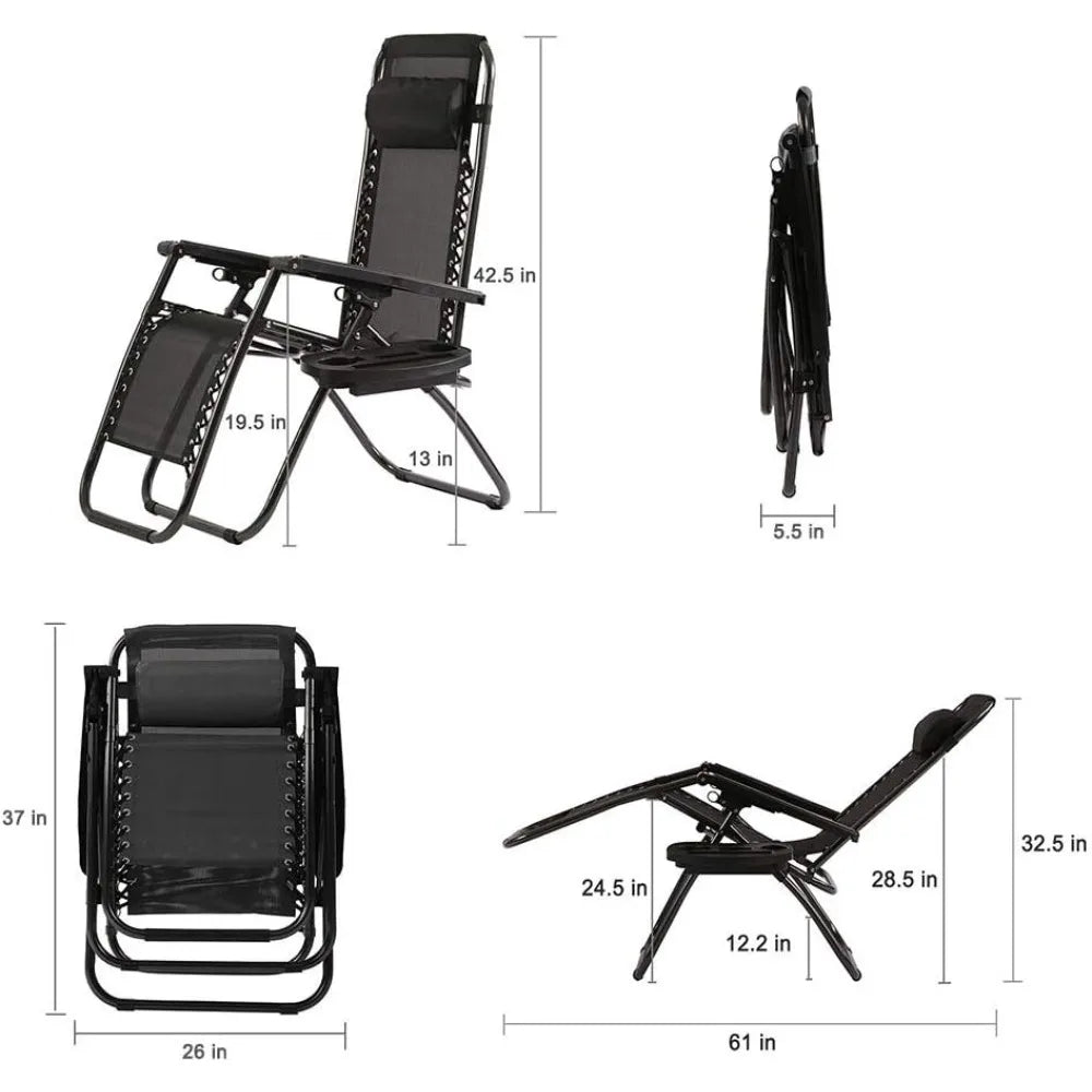 Reclining Outdoor Lounge Chairs Set with Pillow and Cup Holder