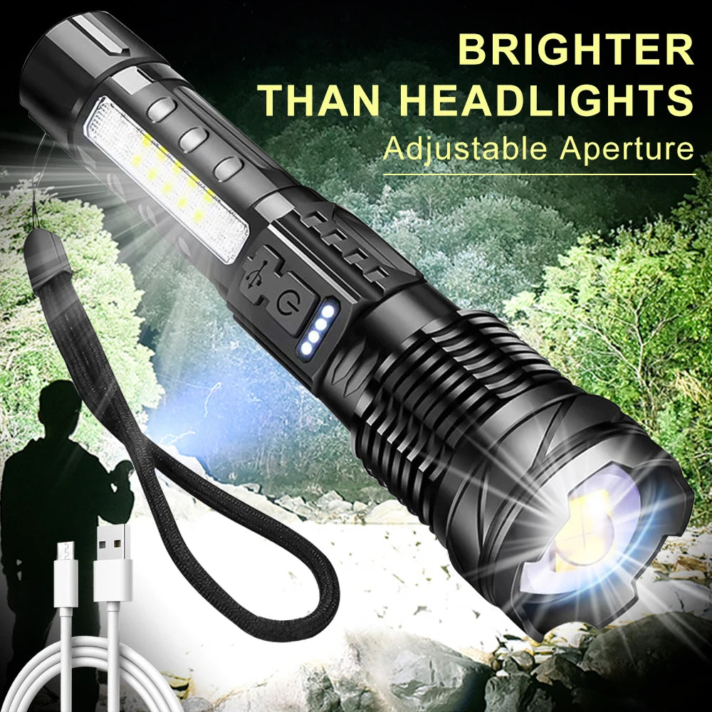 Zoomable Super Bright 30W 7Mode LED Flashlight Portable Rechargeable Outdoor Lamp with Built in Battery