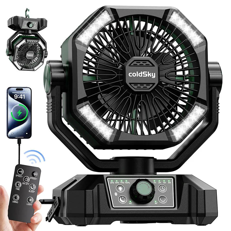 Portable 20000mAh Camping Fan with LED Lantern, 8 Speeds for Tents & Power Outages