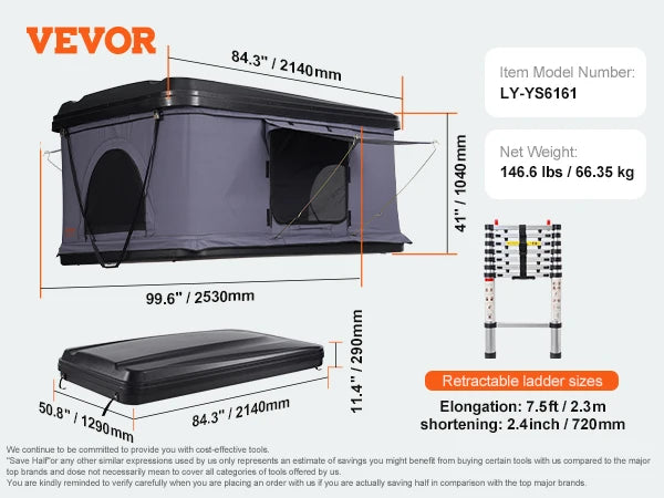 Hard Shell Rooftop Tent with Mattress for 2 to 3 People