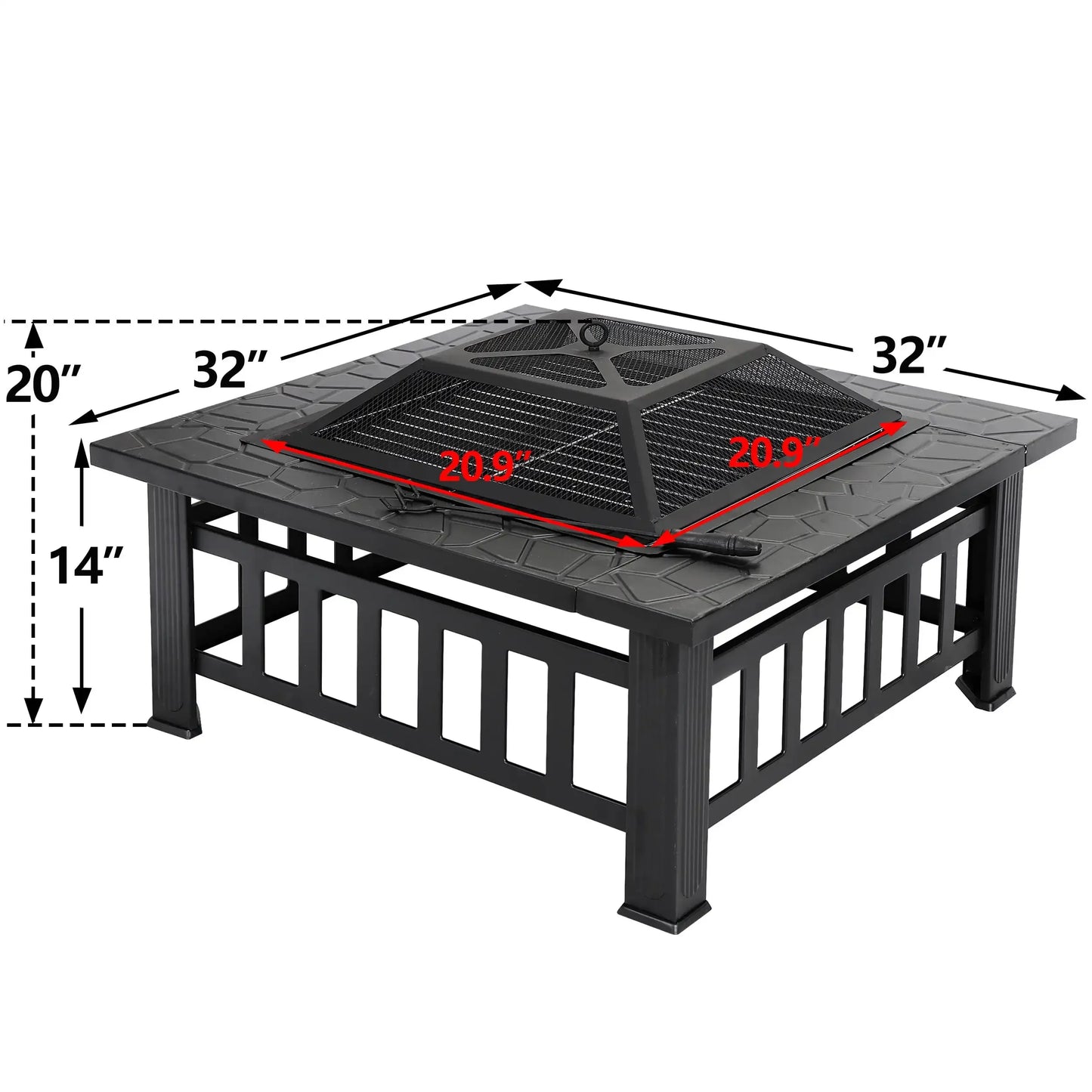 32" Outdoor Fire Pit Square Metal Wood Burning Firepit