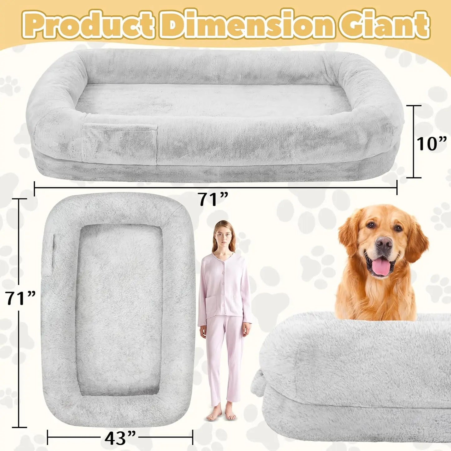 Human Size Dog Bed for Adults 71" Orthopedic with Washable Waterproof Cover in Grey or Black