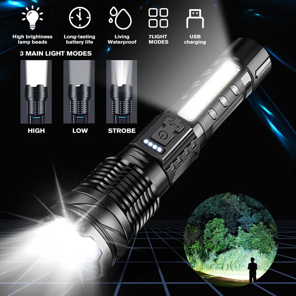 Zoomable Super Bright 30W 7Mode LED Flashlight Portable Rechargeable Outdoor Lamp with Built in Battery