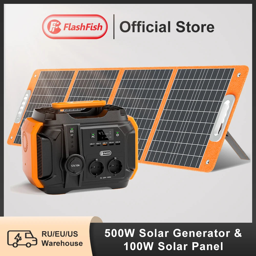 FlashFish A501 Portable Power Station 540Wh with 100W Solar Panel Kit