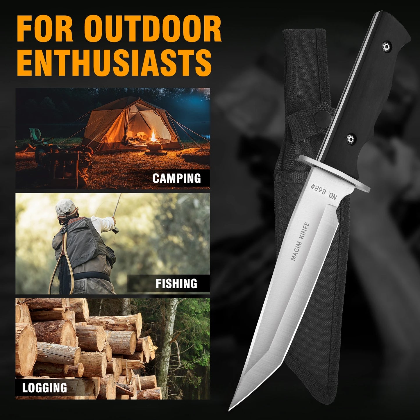1 pc Fixed Blade Camping Knife with Leather Sheath