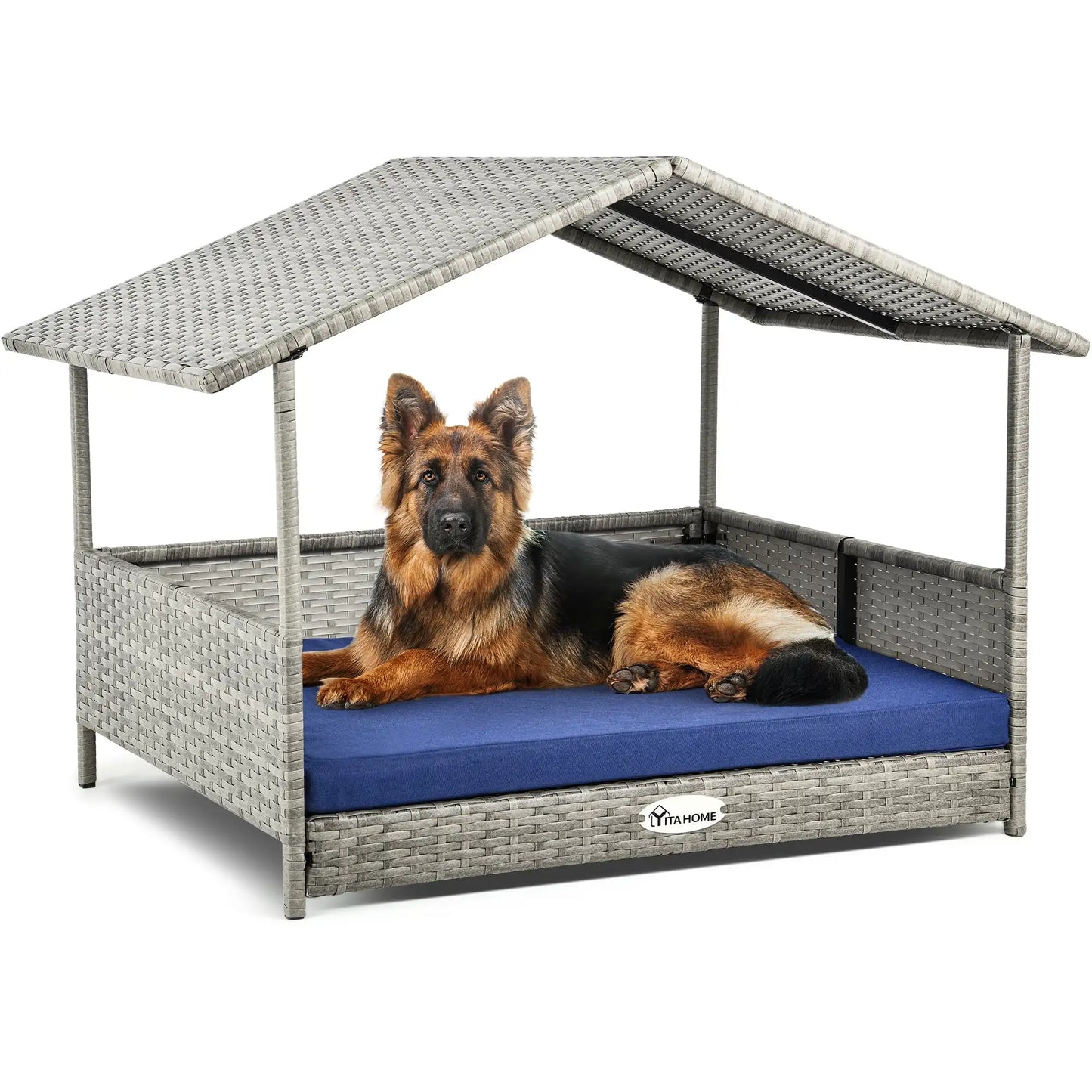 Outdoor Rattan Doghouse with Canopy and Cushion 32.9in