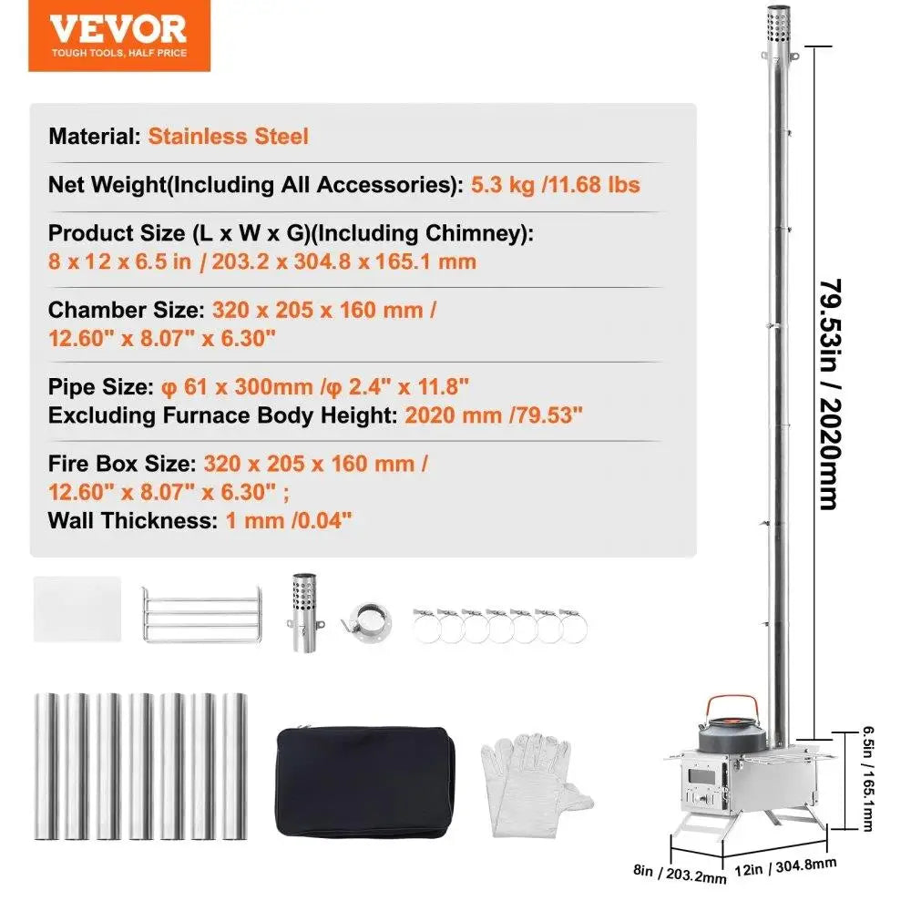 Stainless Steel Portable Wood Stove with Chimney for Outdoor Cooking and Heating