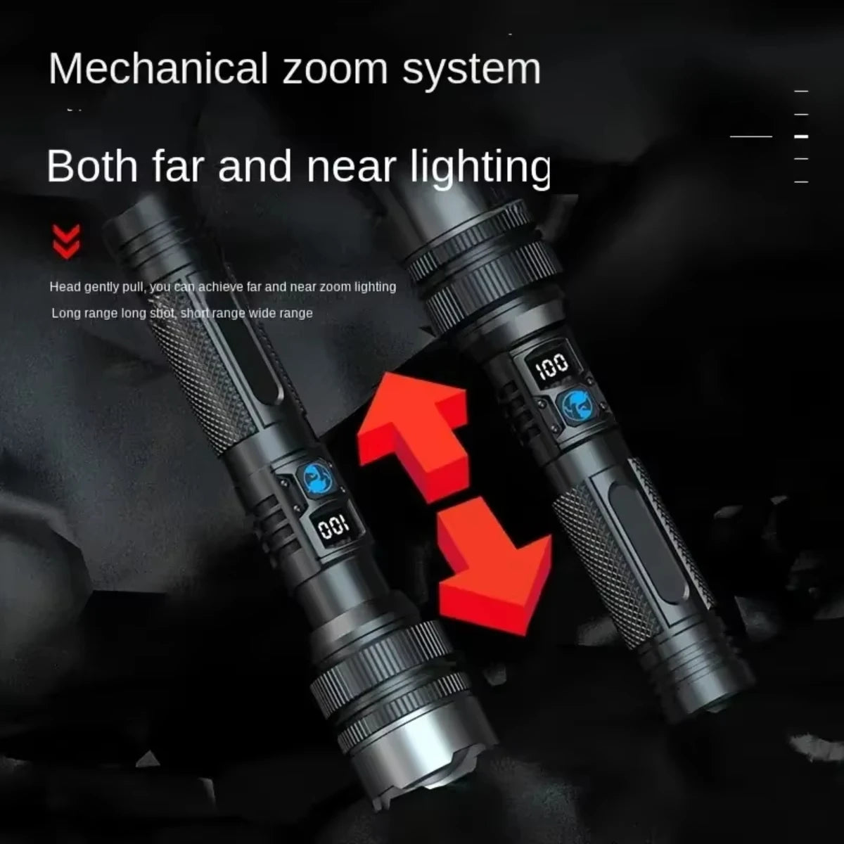 Rechargeable LED Flashlight with Zoom and Digital Display
