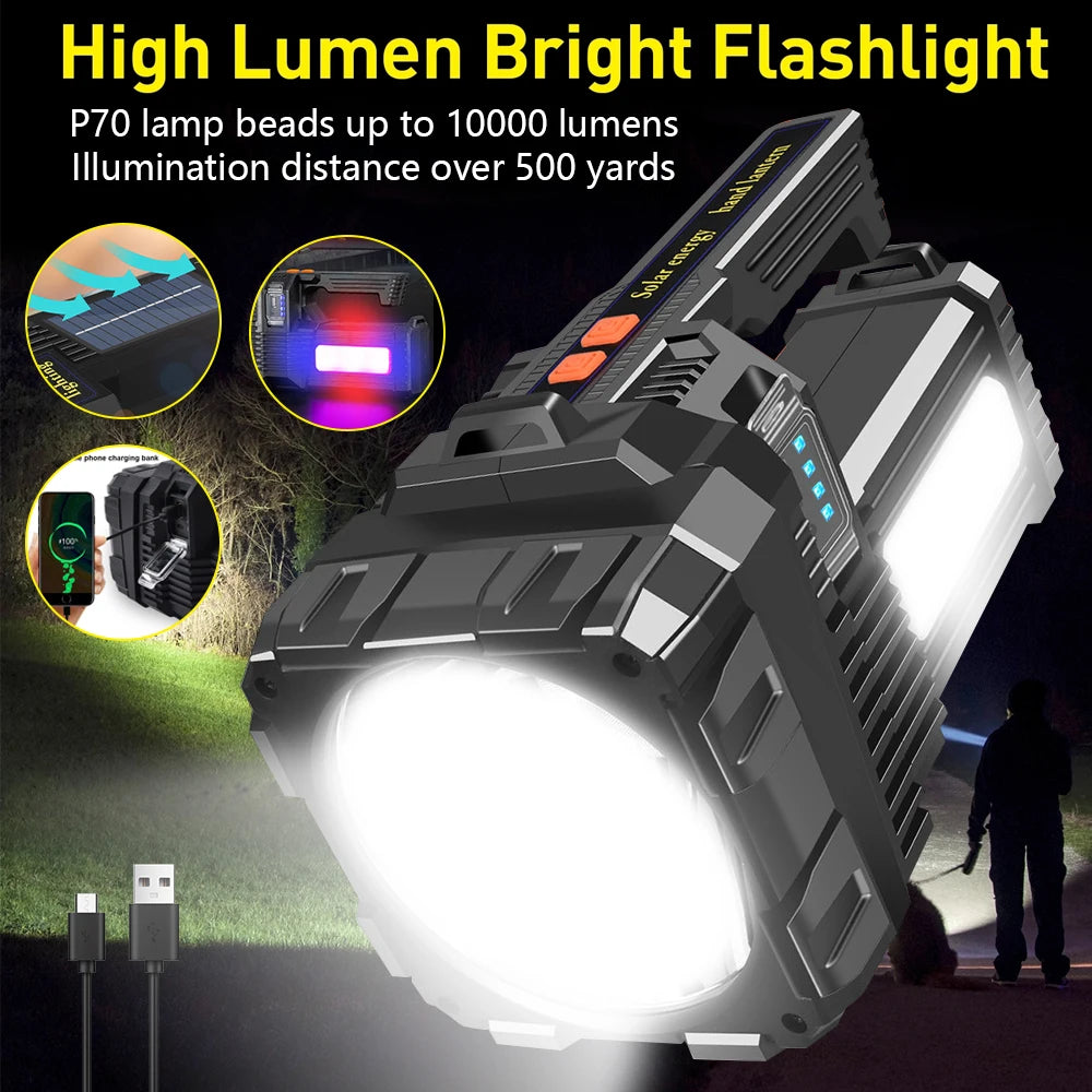 Solar Rechargeable High Power LED Flashlight Waterproof Outdoor Camping Lamp
