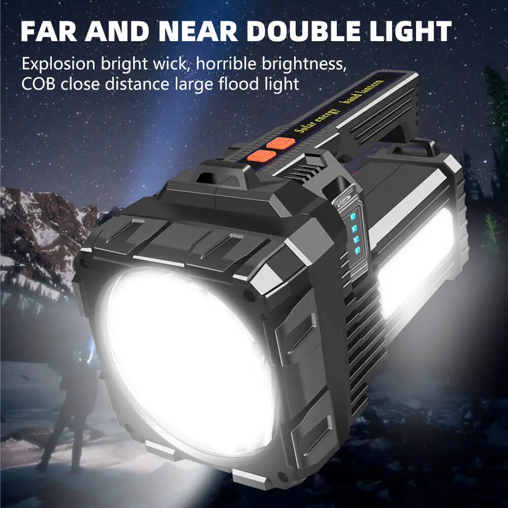 High-Power LED Flashlight with Solar Rechargeable COB Work Light & Type-C Fast Charging