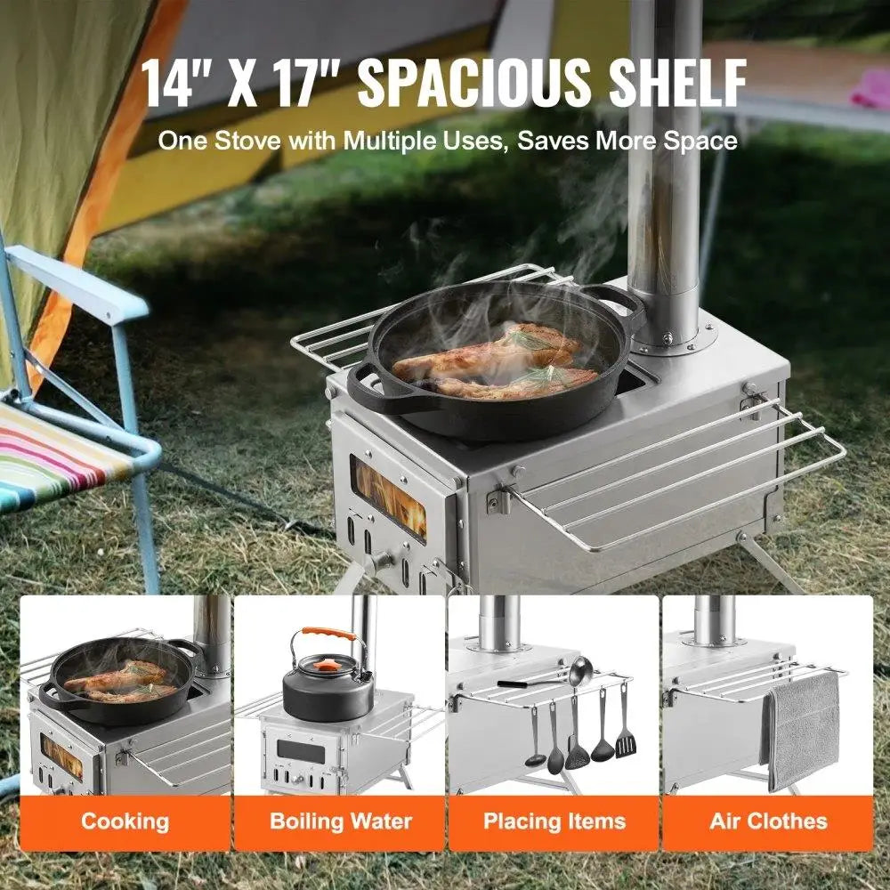 Stainless Steel Portable Wood Stove with Chimney for Outdoor Cooking and Heating