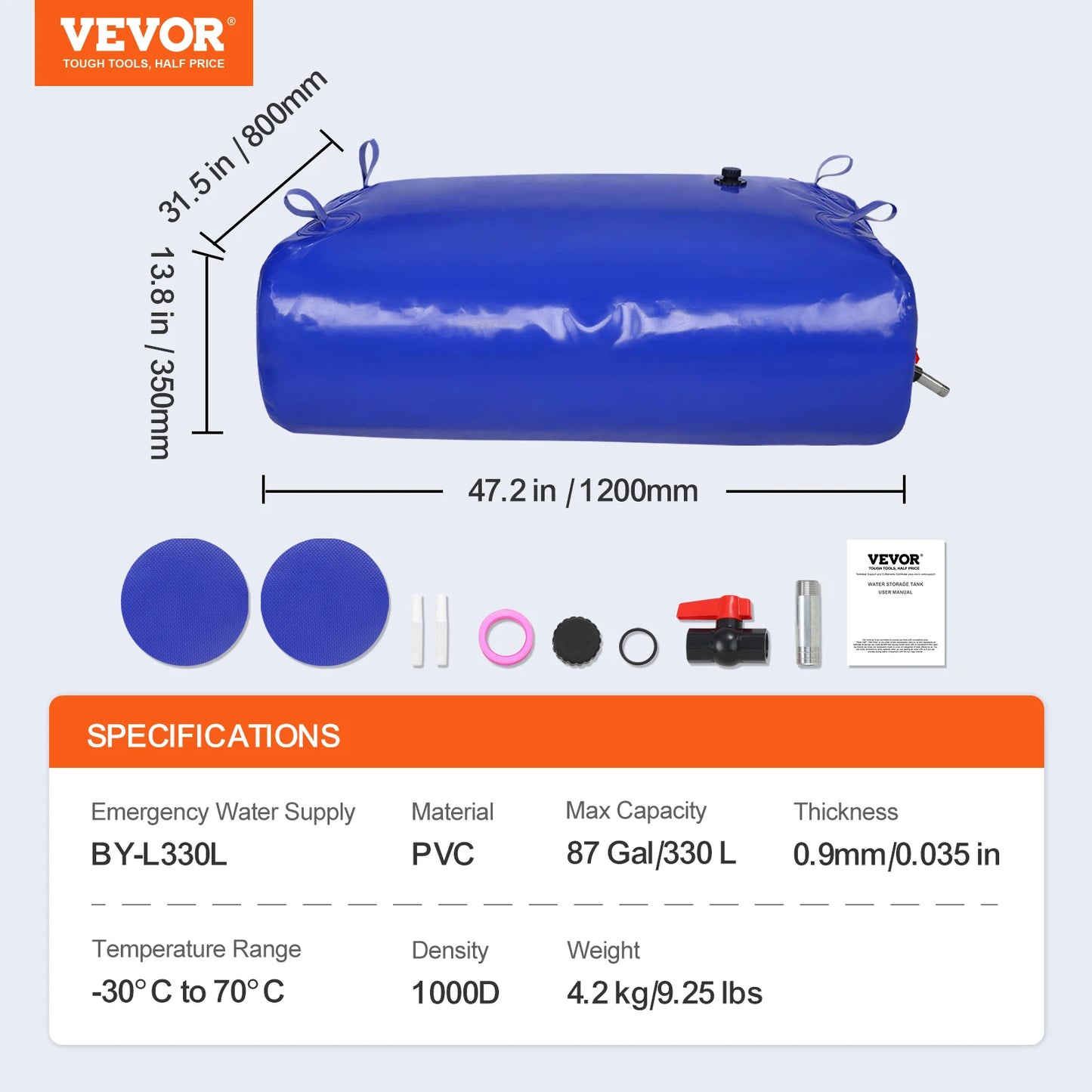 VEVOR 264 Gallon Collapsible Water Storage Tank Blue PVC Bladder Bag