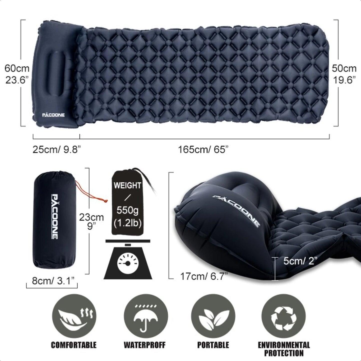 Ultralight Folding Inflatable Sleeping Pad with Pillows for Camping and Travel