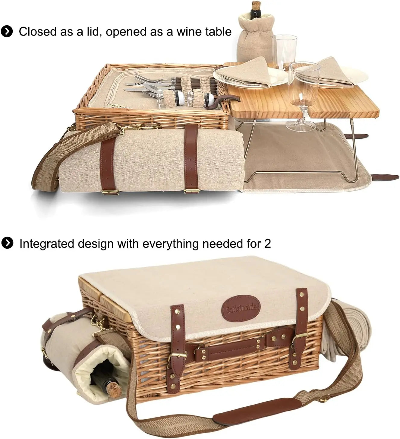 Multifunctional Wicker Picnic Basket Set for 2 with Blanket and Table