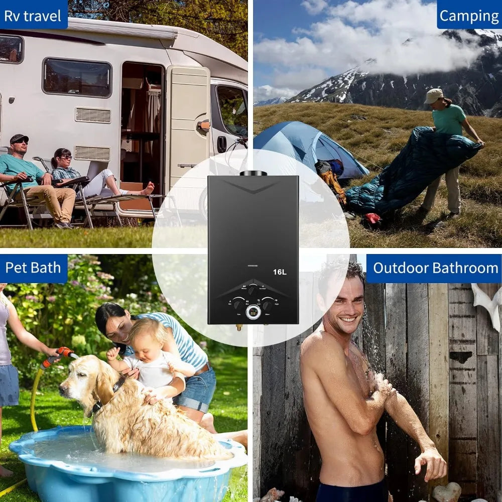 Portable Outdoor Gas Water Heater with Digital Display, Instant Hot Water