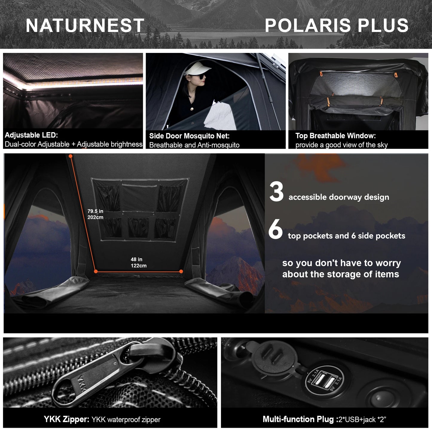 Naturnest Pop-Up Hard Shell Rooftop Tent for 2 Person Camping Waterproof UV-Resistant