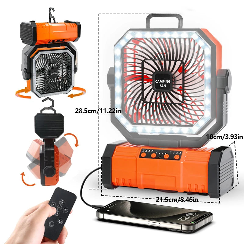 Camping Fan with LED Lantern Rechargeable 30000mAh Battery with Remote Oscillating Hook &Storage Bag
