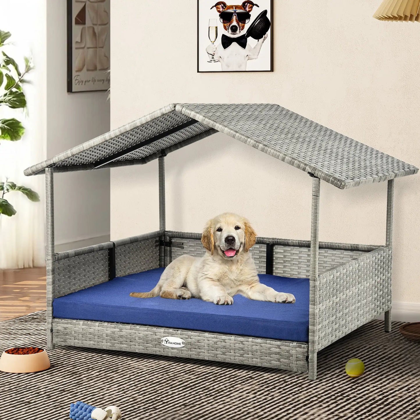 Outdoor Rattan Doghouse with Canopy and Cushion 32.9in