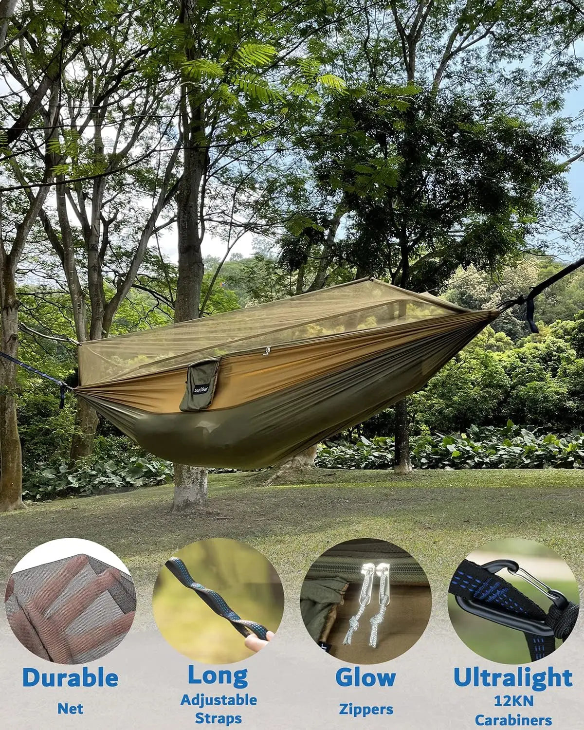 Portable Single/Double Hammock w/Mosquito Net & 10ft Straps for Camping & Travel