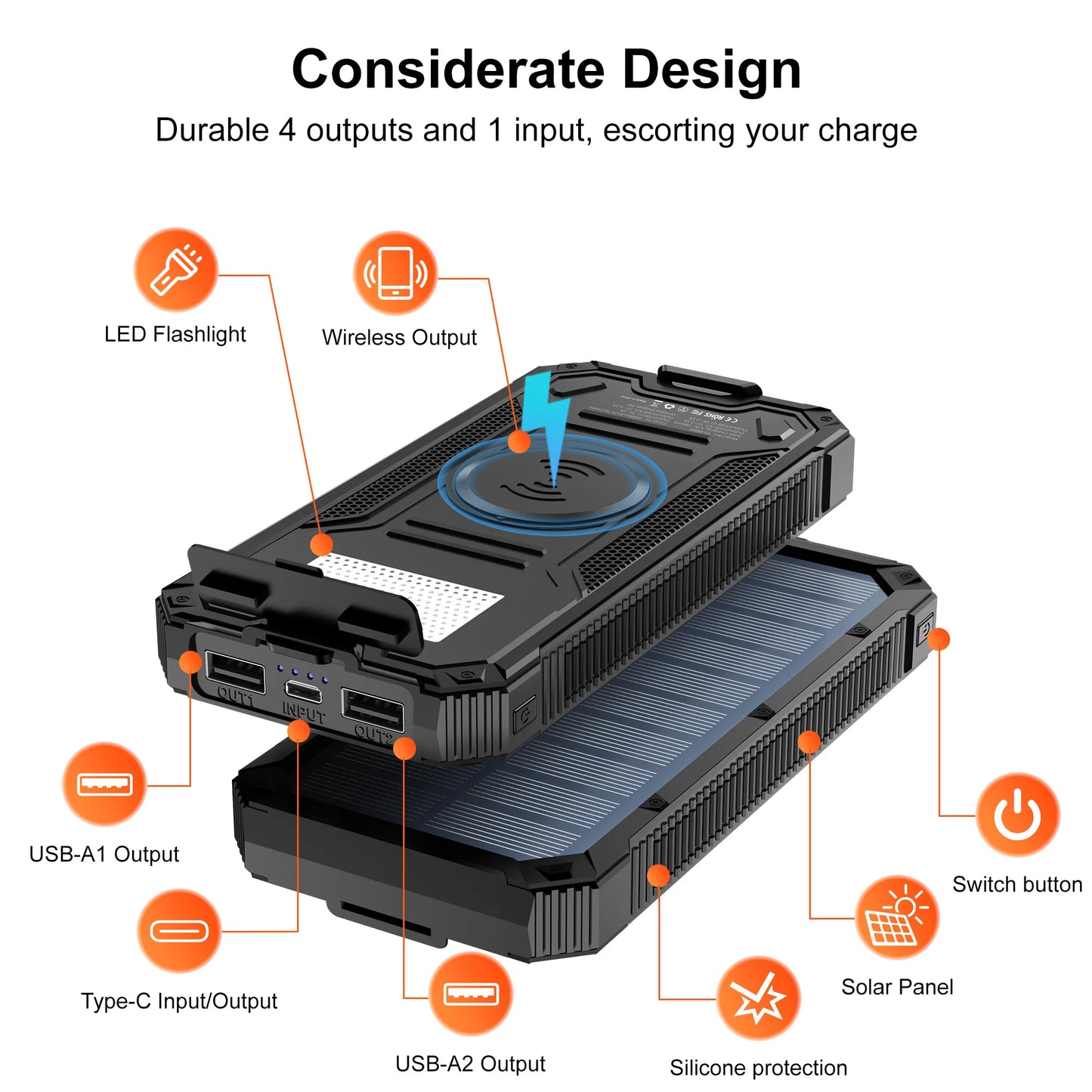 Solar Power Bank with Flashlight 20000mAh