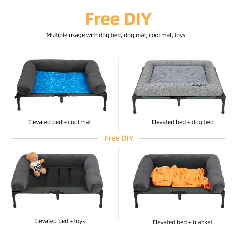 Large Elevated Dog Bed with Cooling Mat and Plush Pad