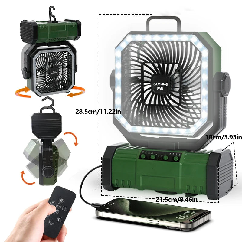 Camping Fan with LED Lantern Rechargeable 30000mAh Battery with Remote Oscillating Hook &Storage Bag