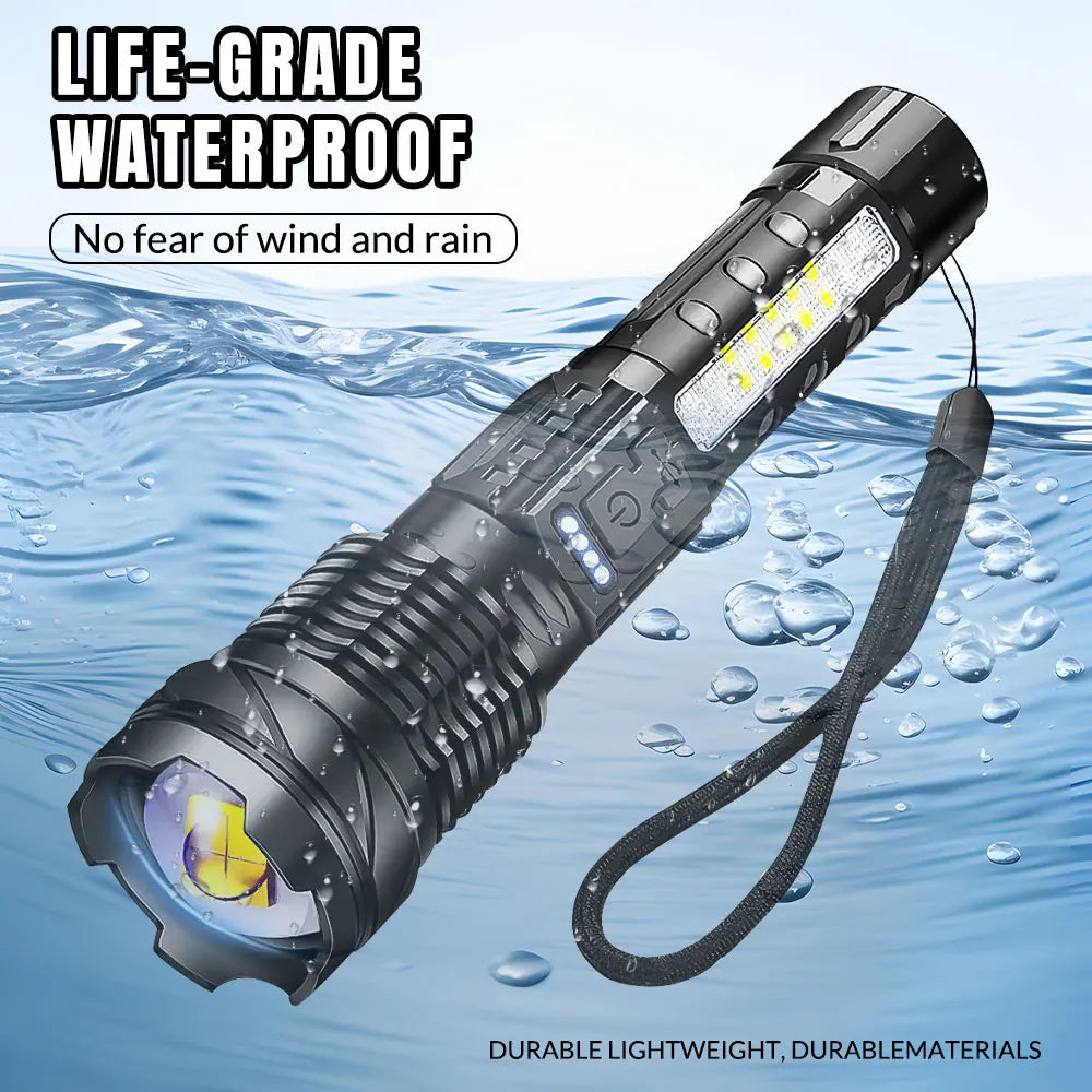 Zoomable Super Bright 30W 7Mode LED Flashlight Portable Rechargeable Outdoor Lamp with Built in Battery